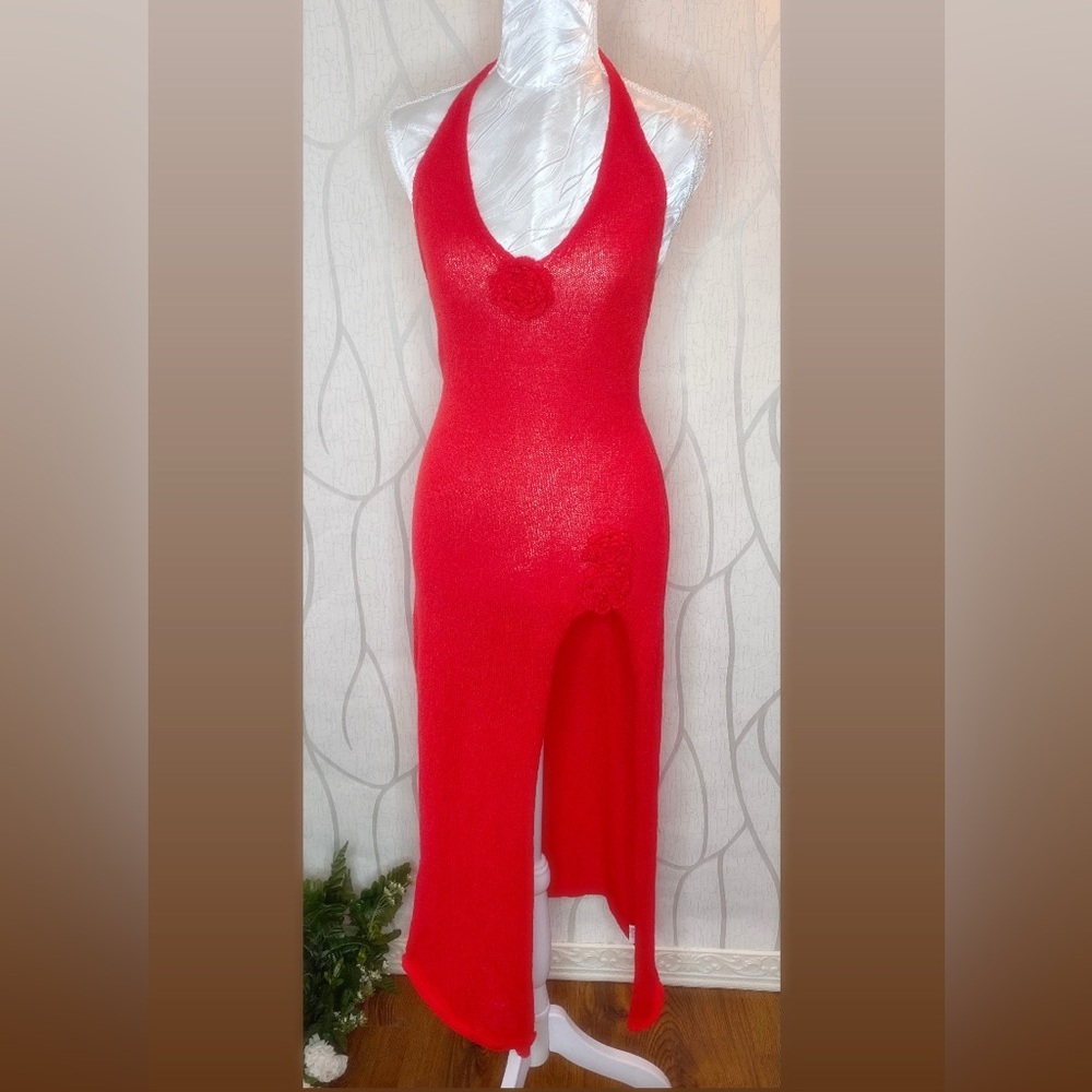🎀🌷 Vibrant Red Sexy 3D Floral High Slit Halter Swim Coverup Beach Dress 🌷🎀